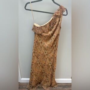 Ralph Lauren One Shoulder Gold Patterned Silk Dress